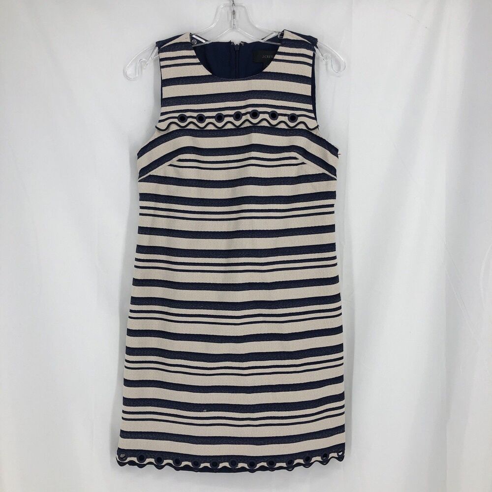 J.Crew Striped Scalloped Tweed Shift Dress 6 in Blue Navy and White